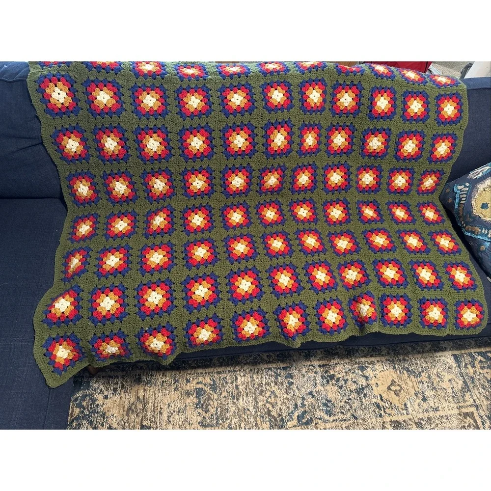 VTG 70s Afghan Hand Crocheted Granny Square Multi-Color Throw Blanket 60x47
